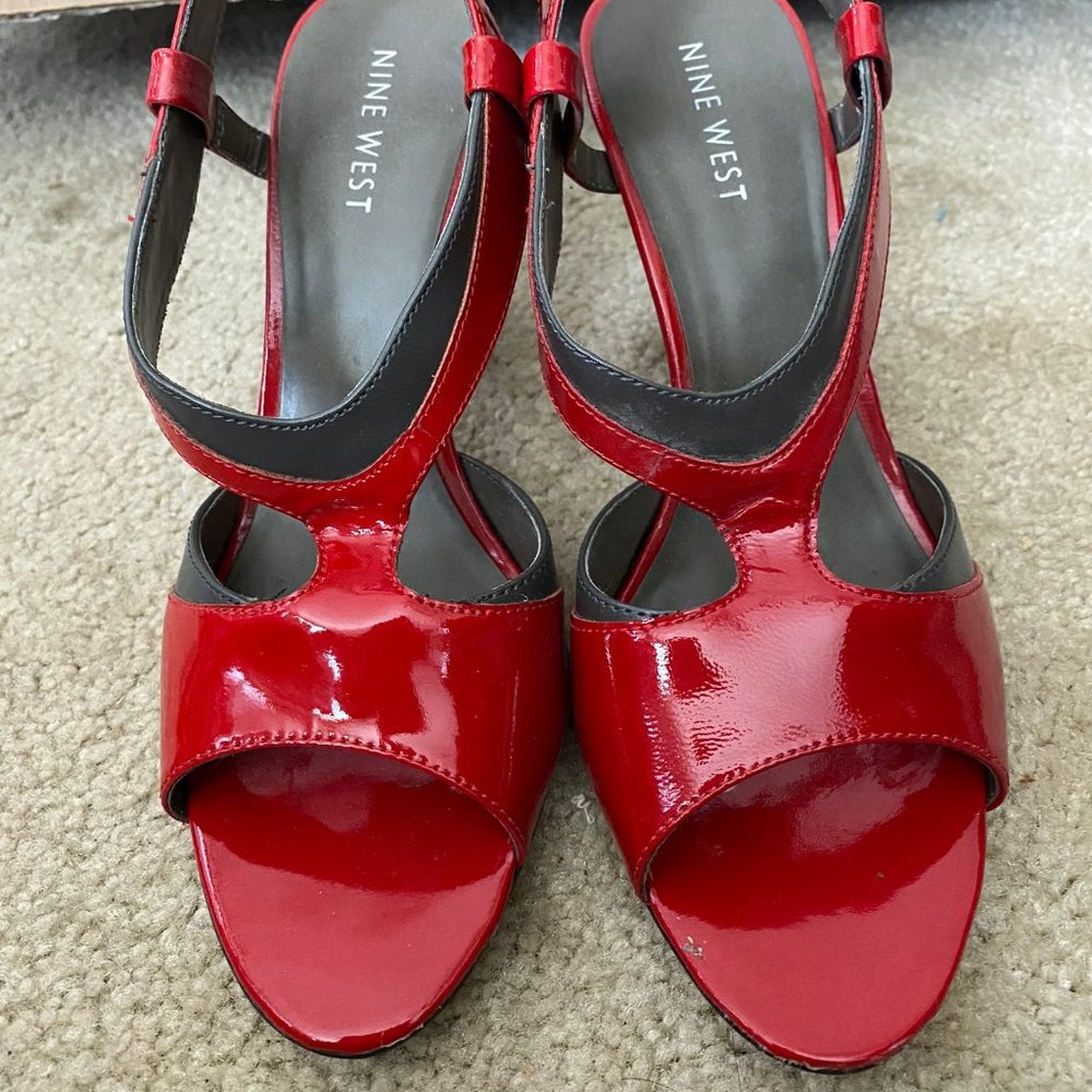Red & Grey Open Toe Heels